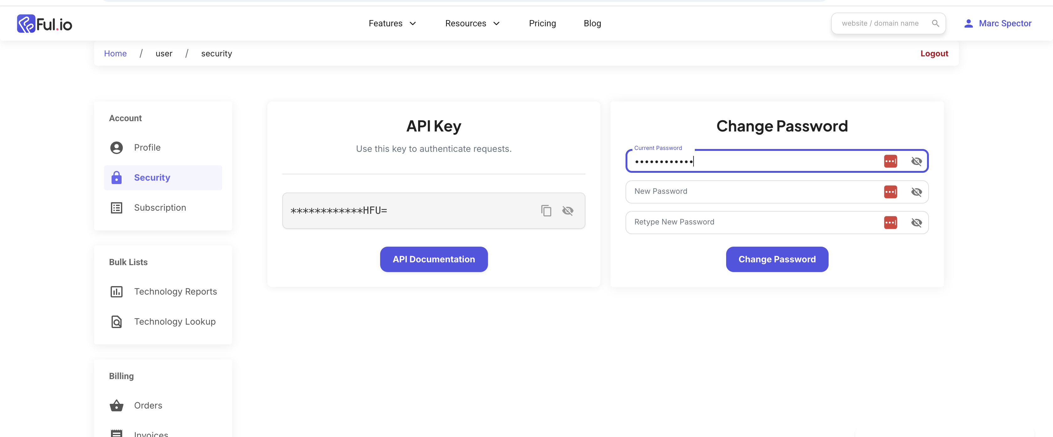 The API key card on the Ful.io account security page